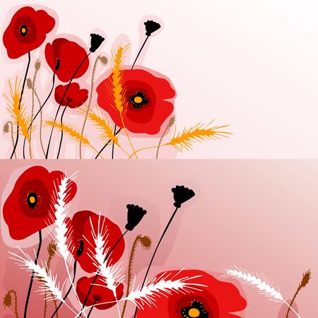 set of two summer themed invitation designs with a bunch of pretty poppies and wheatear and copyspace for your textのイラスト素材