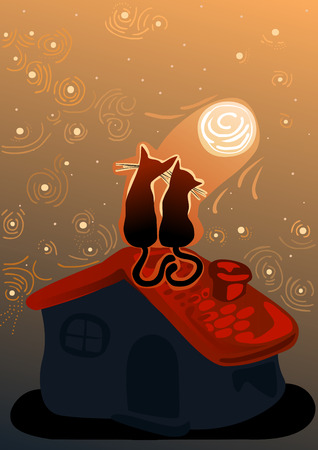 affectionate cats in love on a roof in the moonlight surrounded by stary skyのイラスト素材
