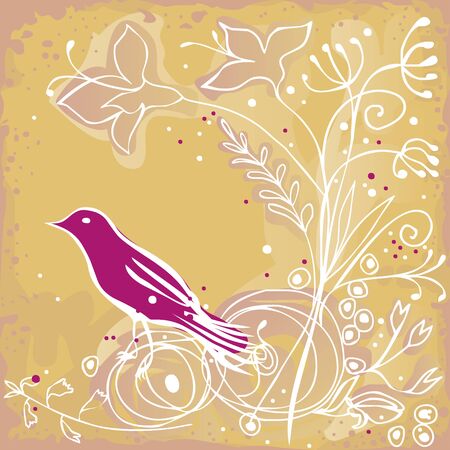pink bird on yellow, flowery backgroundのイラスト素材
