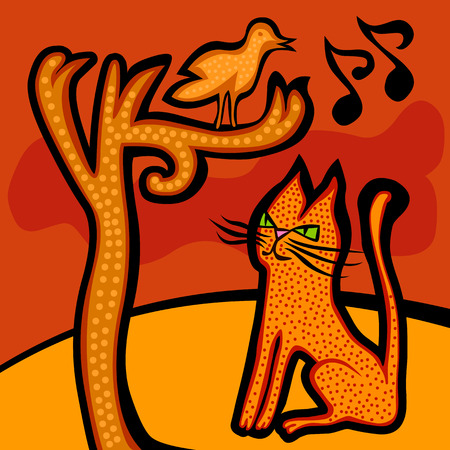 cute cat watching a bird singing on a treeのイラスト素材