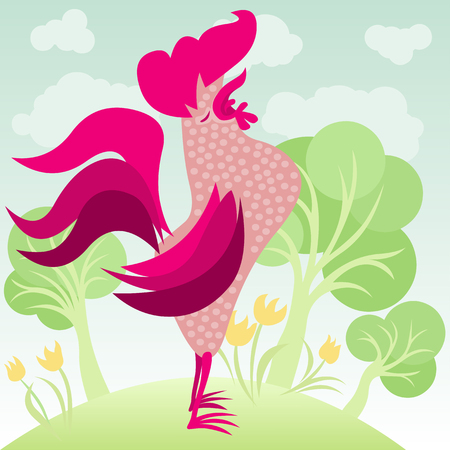 rooster singing in a flowery gardenのイラスト素材