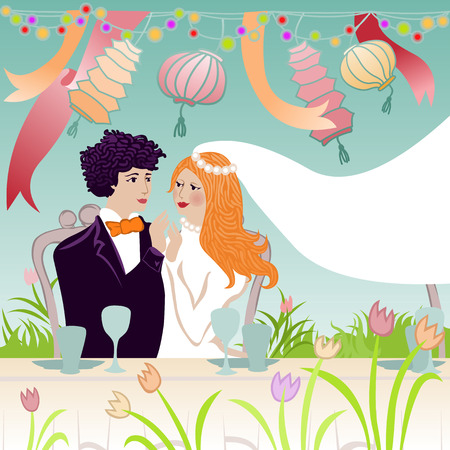wedding illustration of affectionate groom and bride at the festive tableのイラスト素材