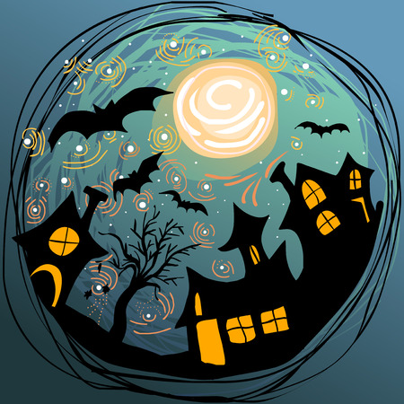 doodle Halloween illustration with magical stary sky, moon, bats and hounted housesのイラスト素材