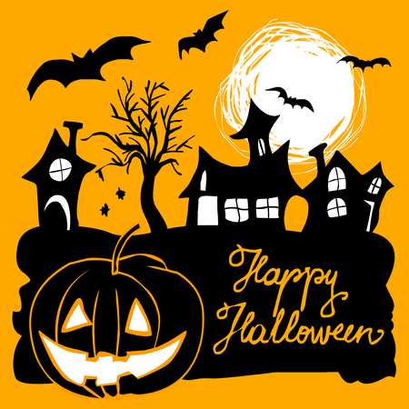 Halloween card with pumpkin lantern, bats, haunted houses and moonのイラスト素材
