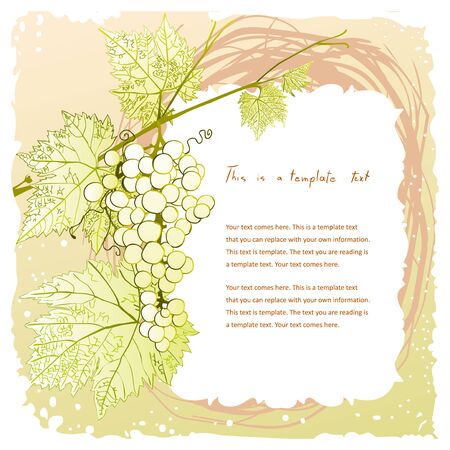 doodle vintage frame with grape cluster on a leafy branch and copyspace for your textのイラスト素材