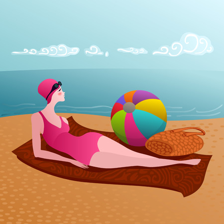 young woman relaxing on a sandy beach after a swimのイラスト素材