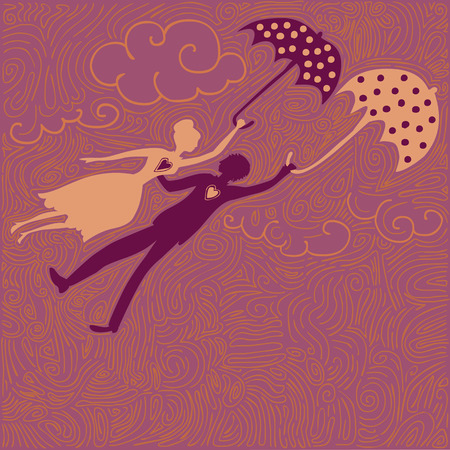 flying couple in love with dotted umbrellasのイラスト素材