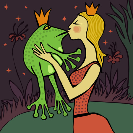 pretty blonde princess kissing the frogのイラスト素材