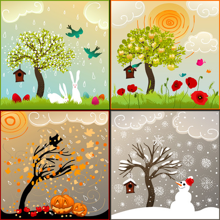 Four seasons set with tree, birdhouse, birds, pumpkin lanterns and snowmanのイラスト素材
