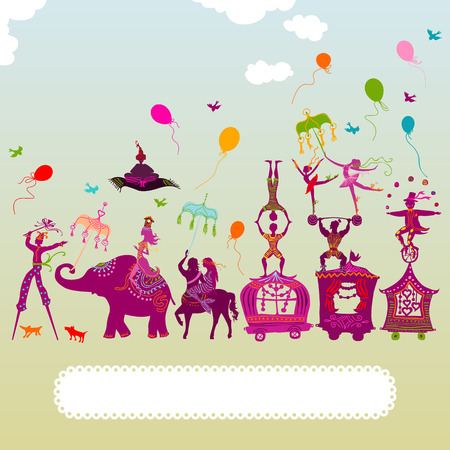 traveling colorful circus caravan with magician, elephant, dancer, acrobat and various fun charactersのイラスト素材