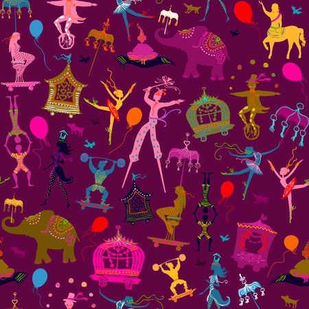 seamless pattern - colorful circus with magician, elephant, dancer, acrobat and various fun charactersのイラスト素材