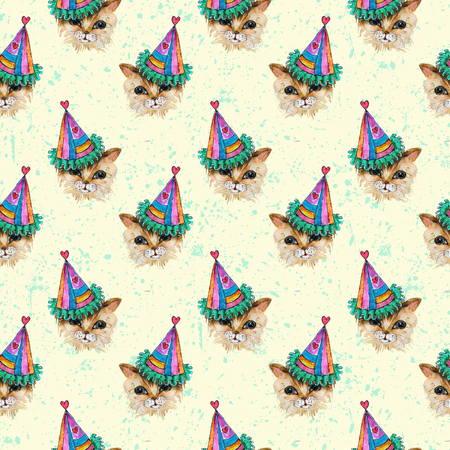 watercolor  Kitten HEAD IN PARTY HAT seamless patternの写真素材