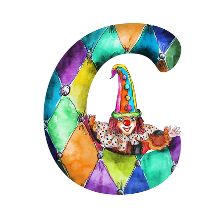 Font C Watercolor hand drawn  isolated clown on whiteの写真素材