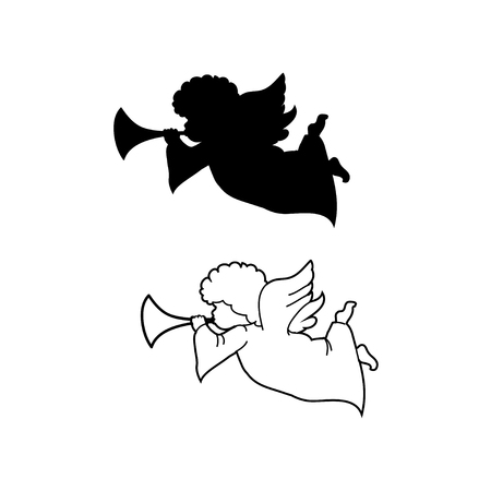 Angel with pipe silhouette and line art Icons setのイラスト素材