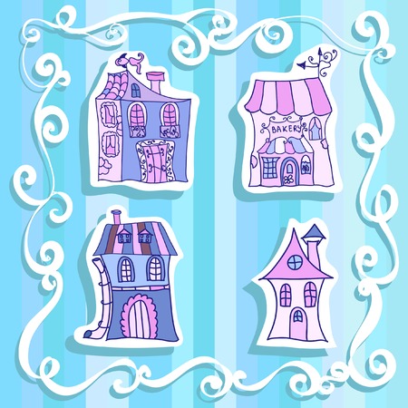 Cartoon medieval fairy tale houses stickersのイラスト素材
