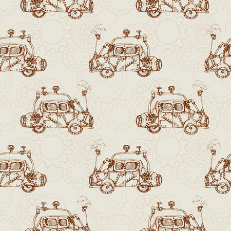 Steam punk cartoon cars  seamless pattern  background with clock wheelsの写真素材