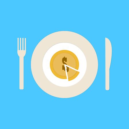 Dish on top view,coin cut into pieces,split,Knife and fork.blue background.vectorのイラスト素材
