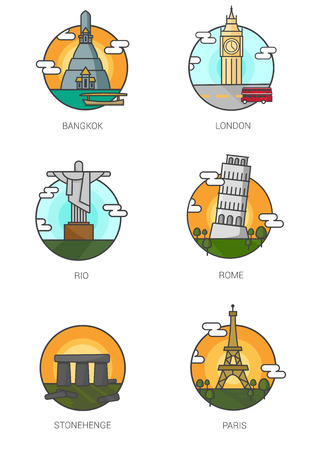 World Landmarks.stonehenge,Pisa,rio de janeiro,eiffel tower,Bigben,wat arun vector.のイラスト素材