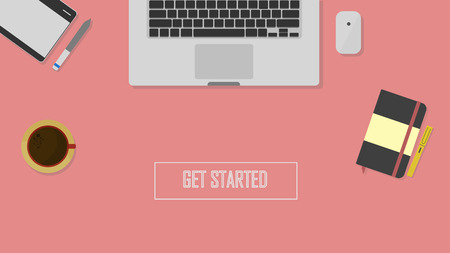 Set of Flat vector design illustration of modern business office and workspace. Top view of desk background with pen mouse,notebook and fountain pen,flat lay.のイラスト素材