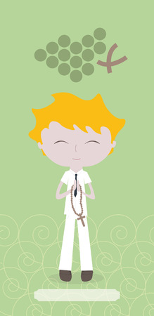 Communion card with European blond boy on green background.の写真素材