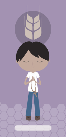Communion card with Amerindian boy on violet background.の写真素材