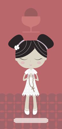 Communion card with Asian girl on red background.の写真素材