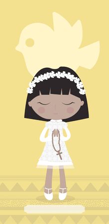 Communion card with Amerindian girl on yellow background.の写真素材