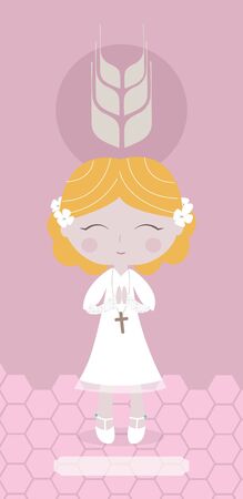 Communion card with European blond girl on pink background.の写真素材