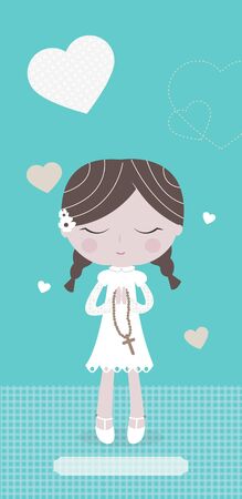 Communion card with European brown girl on green background.の写真素材