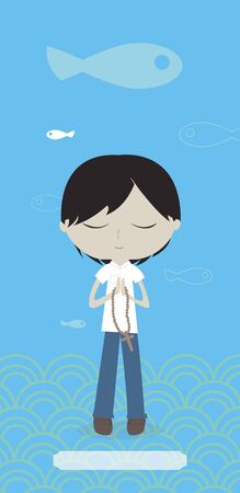 Communion card with Asian boy on blue background.の写真素材