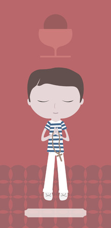 European Communion card with boy on red background.の写真素材