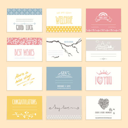 Romantic invitation and greeting cards with cute hand drawn elements and handwritten lettering. Valentines day, wedding, engagement, anniversary, birthday and other events. Isolated vector set.のイラスト素材