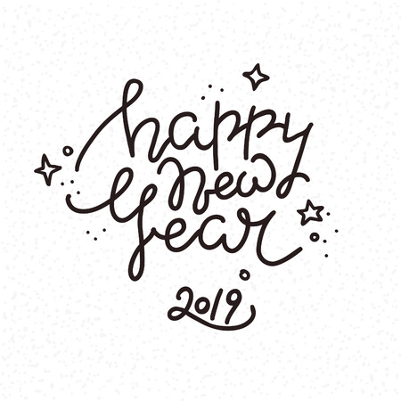 Happy New Year handwritten lettering made with ink. Hand drawn design element for congratulation card, invitation, banner, poster, flyer templates. New year isolated vector on white background.のイラスト素材