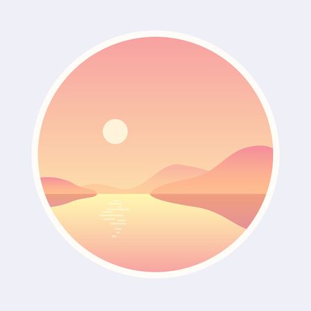 Fantasy sea landscape simple flat style clipart illustration. Futuristic soft colors glowing sunset vector background. Graphic design template for modern banner, poster, flyer and website.のイラスト素材
