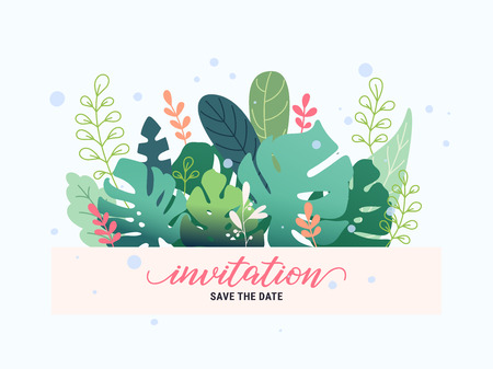 Fantasy floral frame invitation card with fantastic leaves and plants. Colorful flat style vector illustration. Graphic design template for flyer, banner, poster, website, postcard, wedding invitationのイラスト素材