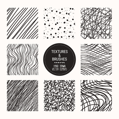 Hand drawn linear, stippling textures, abstract backgrounds. Artistic collection of graphic design elements. Waves, dots, hatching, uneven lines, geometric pattern. Isolated vector on white backgroundのイラスト素材