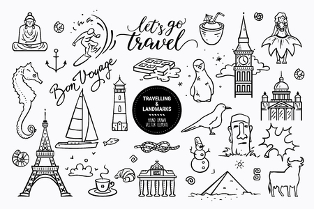 European sights, landmarks all around the world, travel icons, marine cruise icons. Vector collection of hand drawn doodle style clipart illustration places of interest isolated on white background.のイラスト素材