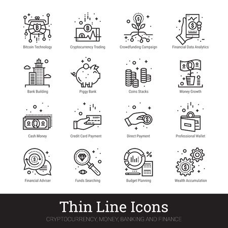 Money, finance and cryptocurrency thin line icons. Modern linear logo concept for web and mobile application. Money making, saving, banking, financial service pictogram. Line icons vector collection.のイラスト素材