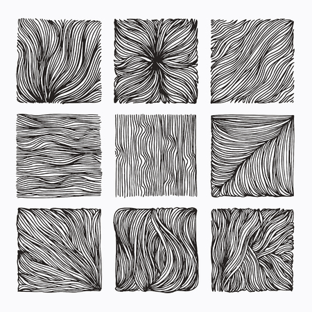 Hand drawn wavy linear textures made with ink. Graphic design template collection. Swirl, curl, wavy stripe, abstract line drawing, organic background, linear graphic pattern. Isolated vector set.のイラスト素材