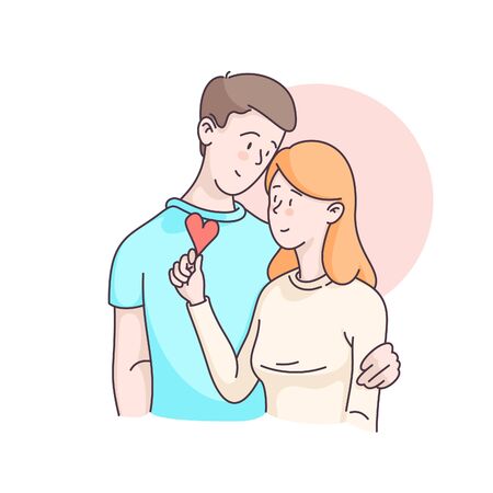 Happy couple characters. Woman holding loving heart in her hand, man hugging her by shoulder. Flat style linear clipart vector illustration. Wedding invitation, Valentines day card design template.のイラスト素材