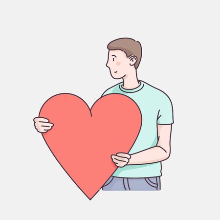 Man character holding big loving heart. Sending love message to beloved one. Hand drawn flat style linear illustrations. Isolated vector on white background. Valentines day card design template.のイラスト素材