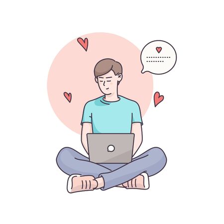 Man character sitting on floor holding laptop texting love message, sending love heart. Hand drawn flat style linear illustrations. Isolated vector on white background. Valentines day card design.のイラスト素材
