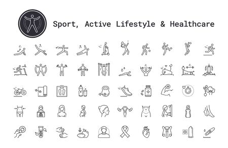 Healthcare, medicine, sport vector icon set. People health, medicine, healthy lifestyle symbols. Fitness equipment, gym exercise, sports game, yoga  for web, apps. Thin line icons collection.のイラスト素材
