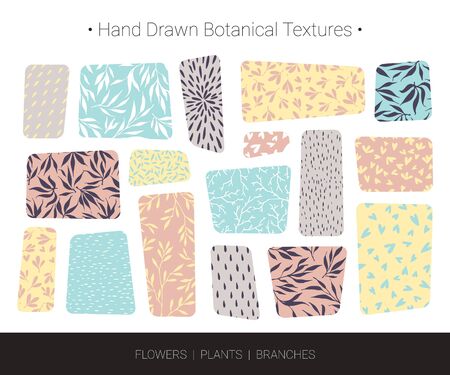 Original botanic textures. Hand drawn vector branch, flower, stem, leaf, twig patterns. Botanical design elements for organic branding, invitation, greeting card, fashion textile and floral prints.のイラスト素材