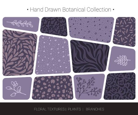 Botanical vector design elements. Hand drawn isolated silhouettes of flowers, weeds, herbs, tree branches, abstract herbal textures.  design, organic branding, wedding invitation decor, fashion textile and floral prints isolated on background.のイラスト素材