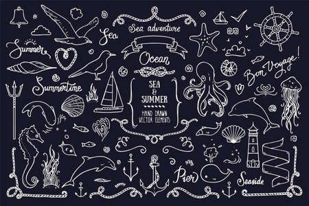 Sea life, ocean trip, summer marine cruise, summertime doodles, lettering. Big collection of hand drawn illustration. Lighthouse, octopus, anchor, jellyfish, cordage frame. Vector clipart collection.のイラスト素材