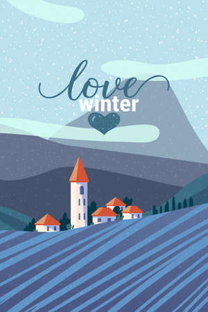 Rural area winter landscape flat vector illustration. Scenic snowing countryside view. European town with church. Cloudy with snow. Idyllic rural scenery. Vertical template, lettering Love winter.のイラスト素材
