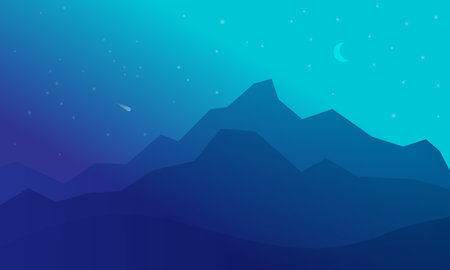 Mountains at night landscape flat style illustration clipart. Fantasy misty night. Futuristic neon glowing vector cliffs on starry sky background. Vector backdrop design template for game, web, app.のイラスト素材