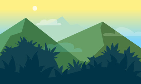 Mountains, jungles scenic landscape flat style illustration. Futuristic gradient verdurous hills, mountains on soft sunshine sky background. Fantasy vector backdrop design template for game, web, app.のイラスト素材