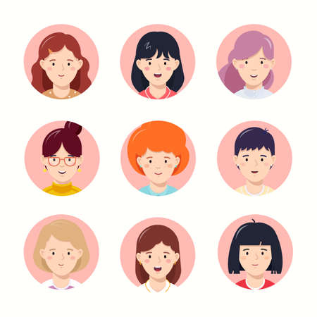 Vector set of girls avatar icons. Flat style vector illustrations of female portraits. Clipart collection isolated on white background. Women cartoon characters for web services, mobile applications.のイラスト素材